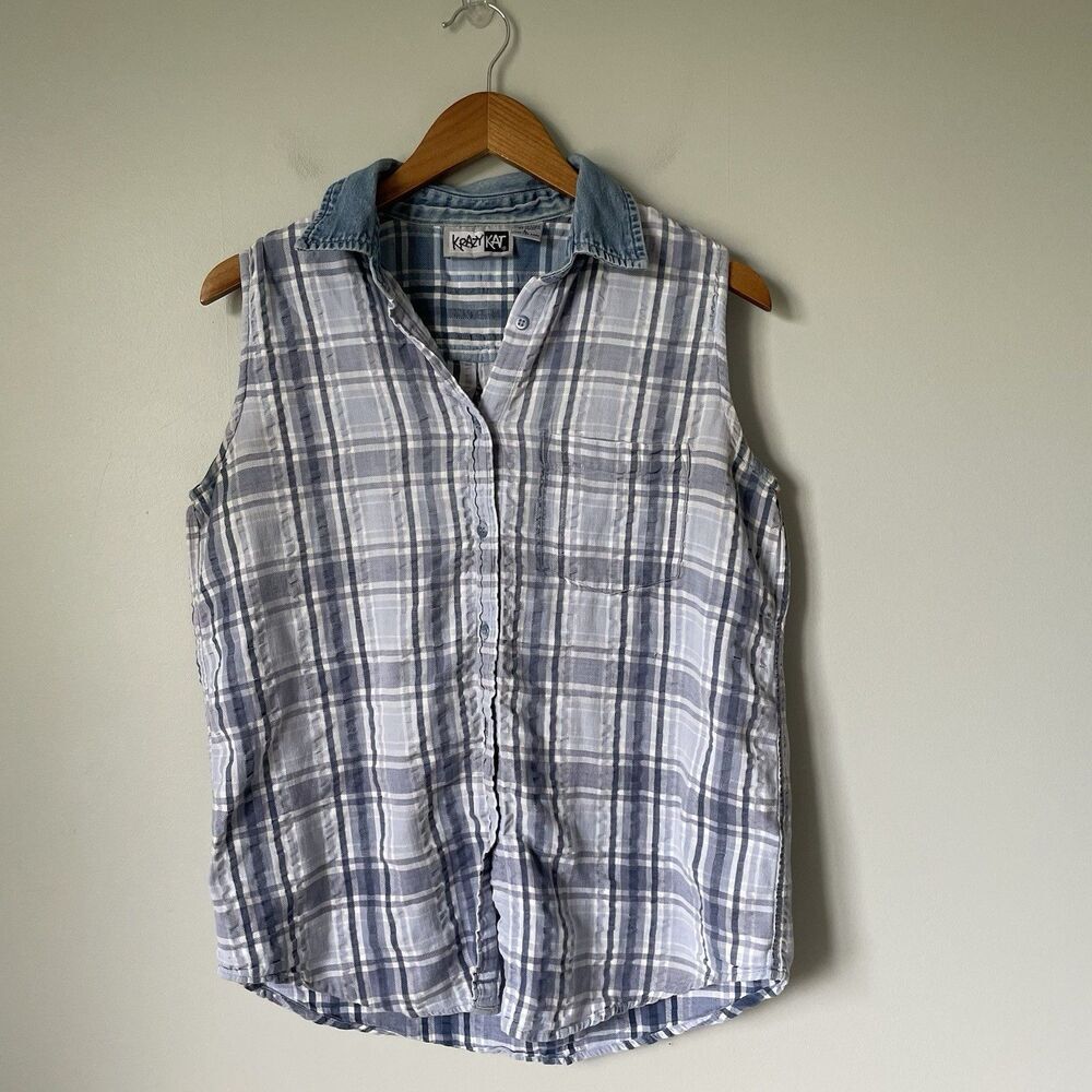 Krazy Kat Vintage 1990's Plaid Denim 100% Cotton Tank Top Collar Size Large
